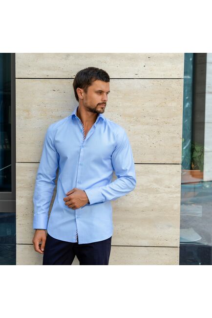 Мужская рубашка под пуговицы голубая фактурная с отделкой Non-Iron - 7589 от DoubleCuff 