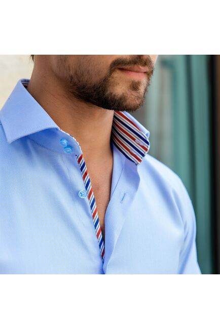 Мужская рубашка под пуговицы голубая фактурная с отделкой Non-Iron - 7589 от DoubleCuff 