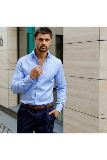 Мужская рубашка под пуговицы голубая фактурная с отделкой Non-Iron - 7589 от DoubleCuff 