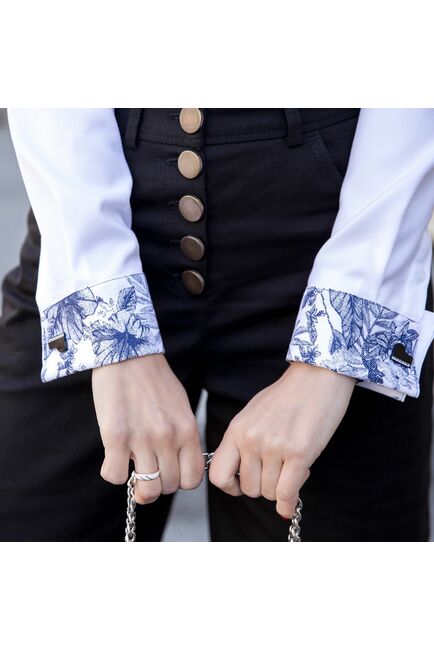 Женская рубашка под запонки белая из фактурной ткани твилл - 7629 от DoubleCuff 