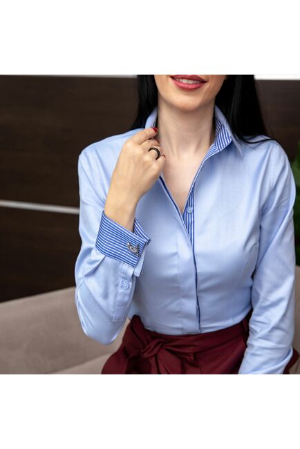 Женская рубашка  голубая под запонку с супатной застежкой с отделкой-7650 от DoubleCuff 