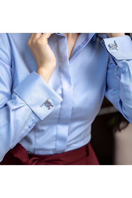 Женская рубашка  голубая под запонку с супатной застежкой с отделкой-7650 от DoubleCuff 
