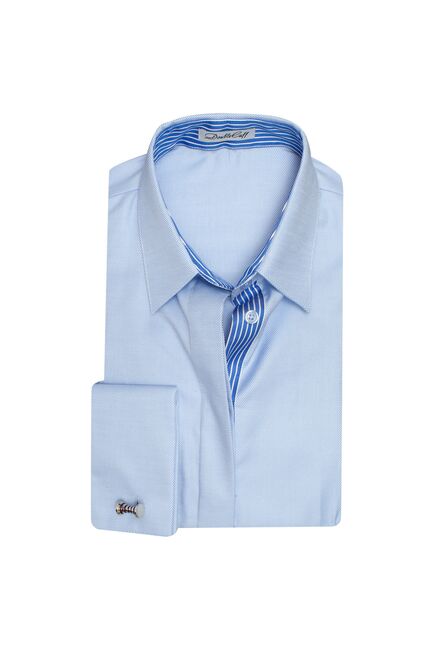Женская рубашка  голубая под запонку с супатной застежкой с отделкой-7650 от DoubleCuff 