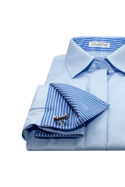 Женская рубашка  голубая под запонку с супатной застежкой с отделкой-7650 от DoubleCuff 