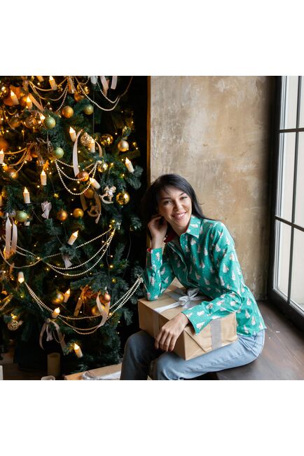 Женская рубашка принт -  зайчонок, под пуговицы с супатной застежкой полуприталенная с отделкой-7713 от DoubleCuff 