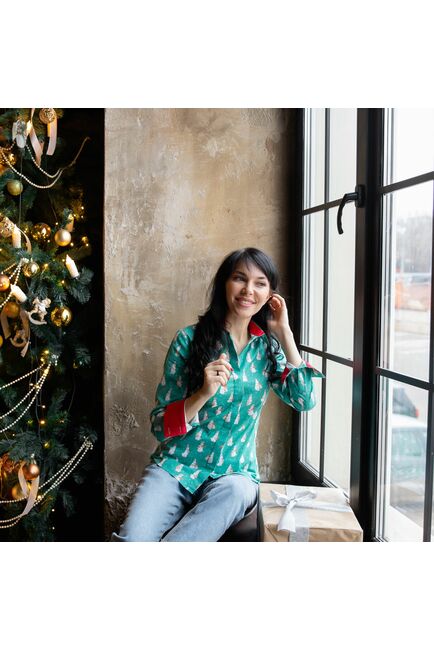 Женская рубашка принт -  зайчонок, под пуговицы с супатной застежкой полуприталенная с отделкой-7713 от DoubleCuff 