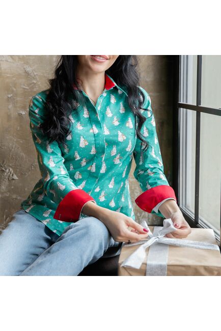 Женская рубашка принт -  зайчонок, под пуговицы с супатной застежкой полуприталенная с отделкой-7713 от DoubleCuff 