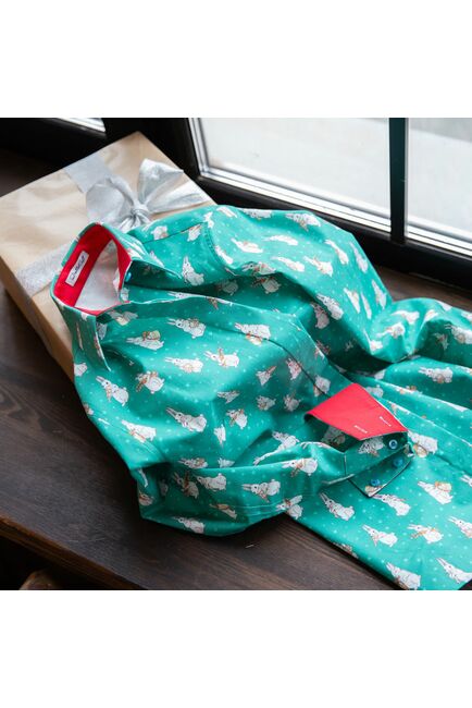 Женская рубашка принт -  зайчонок, под пуговицы с супатной застежкой полуприталенная с отделкой-7713 от DoubleCuff 