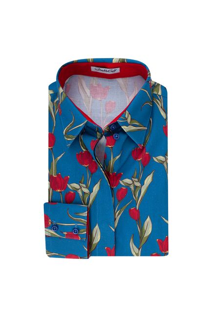 Женская рубашка принт -тюльпаны,  под пуговицы с супатной застежкой полуприталенная с отделкой-7724 от DoubleCuff 