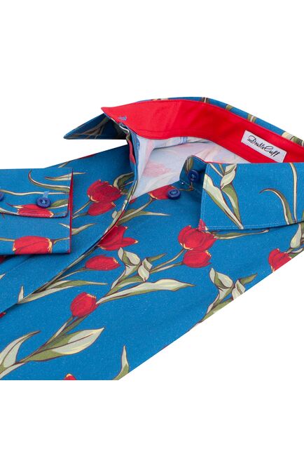 Женская рубашка принт -тюльпаны,  под пуговицы с супатной застежкой полуприталенная с отделкой-7724 от DoubleCuff 