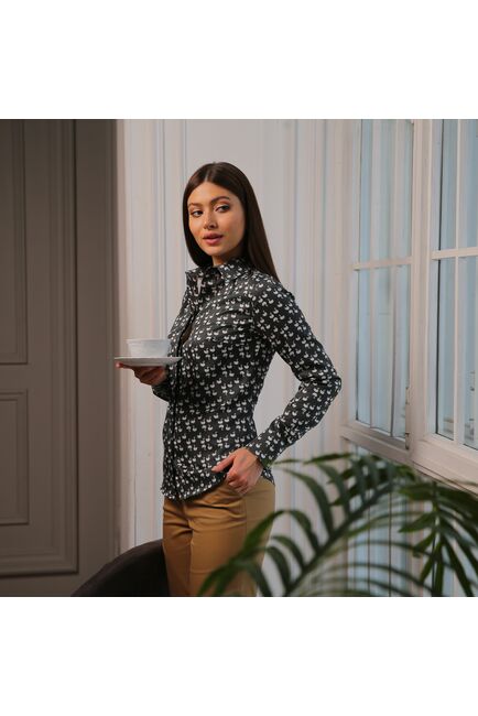 Женская рубашка под пуговицы принт лебеди на сером  фоне - 7749 от DoubleCuff 