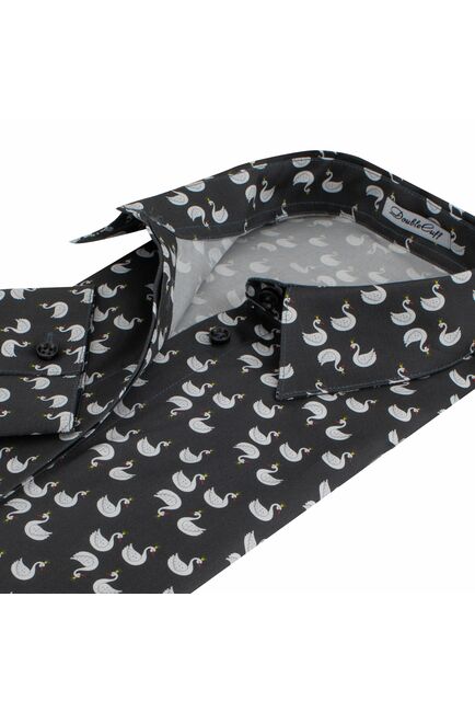 Женская рубашка под пуговицы принт лебеди на сером  фоне - 7749 от DoubleCuff 