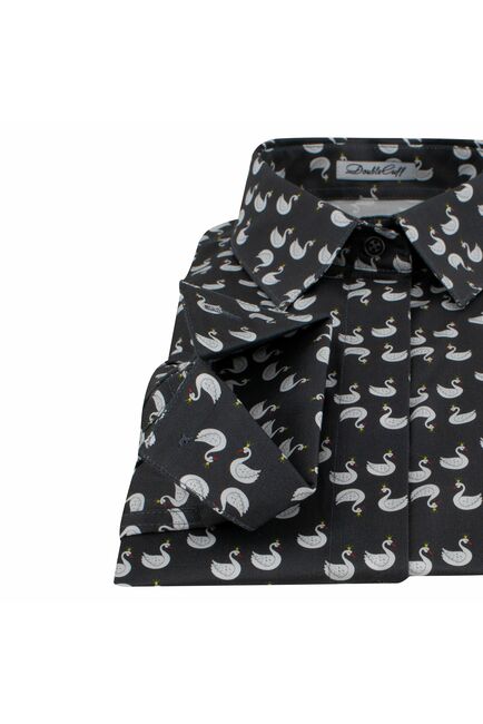 Женская рубашка под пуговицы принт лебеди на сером  фоне - 7749 от DoubleCuff 