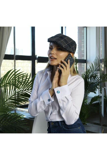 Женская рубашка под запонку приталенная с супатной застежкой с отделкой (белая) - 7824 от byME 