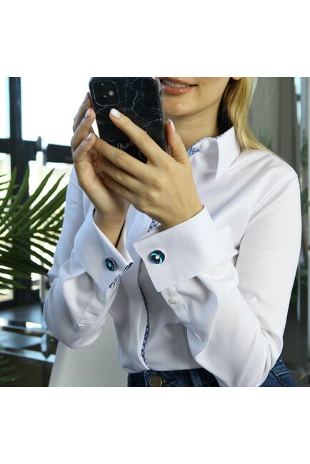 Женская рубашка под запонку приталенная с супатной застежкой с отделкой (белая) - 7824 от byME 