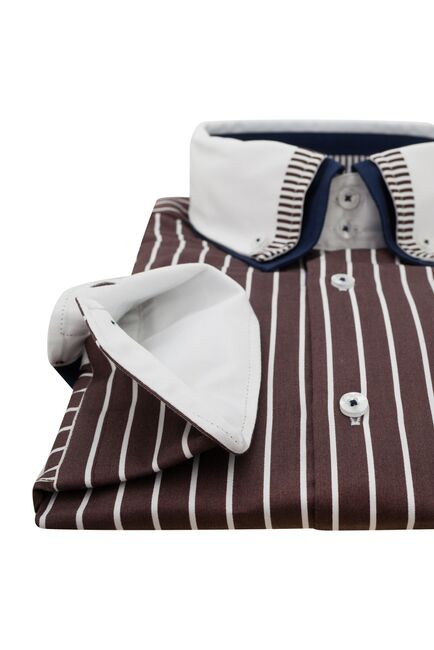 Мужская рубашка под пуговицы шоколадного цвета в полоску  - 907 Classic Fit от Tonelli 