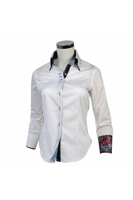 Приталенная женская рубашка на пуговицах белая с двойным воротом со вставками из узора пейсли - 1122 от Tonelli 