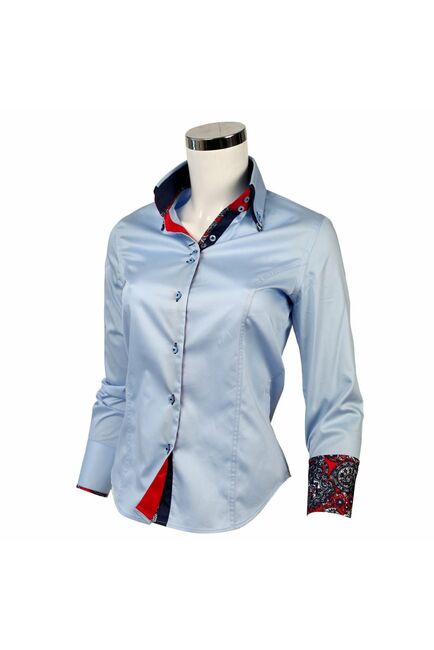 Приталенная женская рубашка на пуговицах голубая с двойным воротом - 1128 от Tonelli 