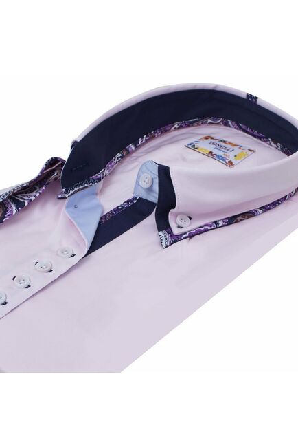 Приталенная женская рубашка на пуговицах с коротким рукавом розовая с двойным воротом - 2047 от Tonelli 