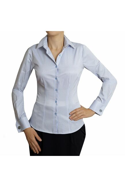 Приталенная женская рубашка под запонки голубая в клетку - 5003 от DoubleCuff 