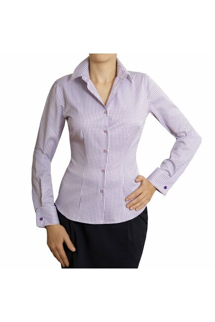Приталенная женская рубашка под запонки фиолетовая в клетку - 5006 от DoubleCuff 