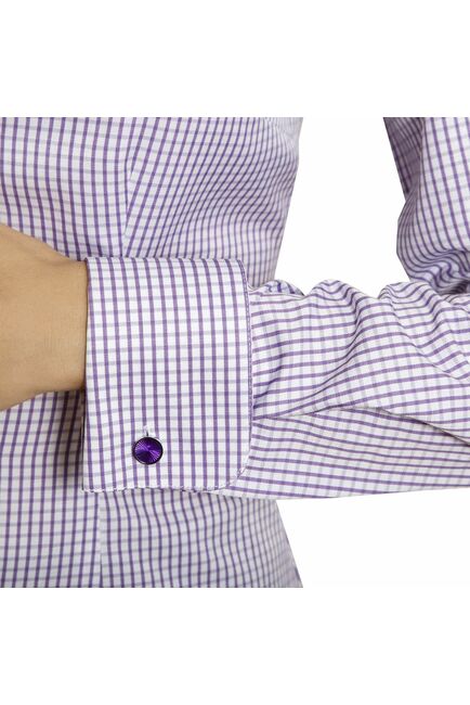 Приталенная женская рубашка под запонки фиолетовая в клетку - 5006 от DoubleCuff 