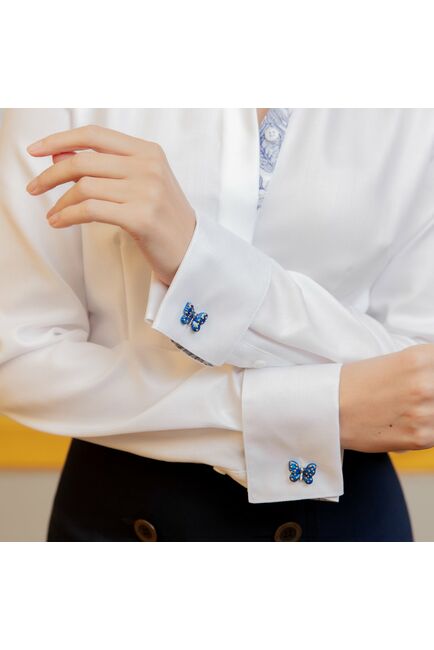 Женская рубашка под запонку белая с супатной застежкой с отделкой - 7879 от byME 