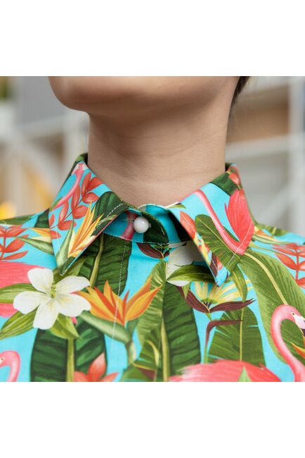 Женская рубашка с высоким манжетом под пуговицы тропические цветы - 7888 от byME 