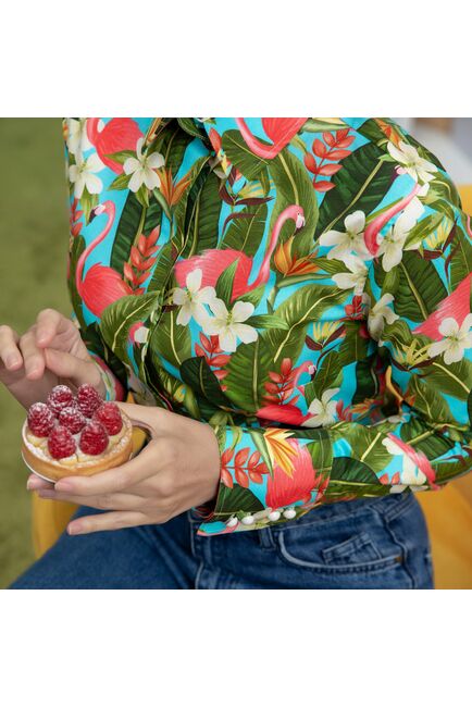 Женская рубашка с высоким манжетом под пуговицы тропические цветы - 7888 от byME 