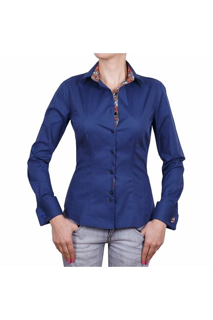 Приталенная женская рубашка под запонку синяя - 5036 от DoubleCuff 