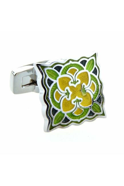 Запонки квадратные зелено - желтые с восточным узором  - 153032 от  