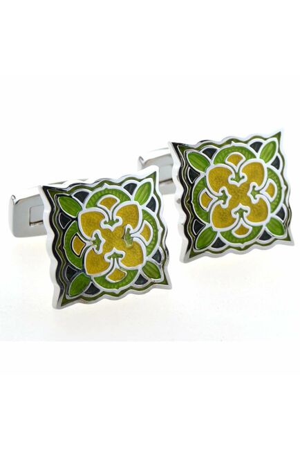 Запонки квадратные зелено - желтые с восточным узором  - 153032 от  