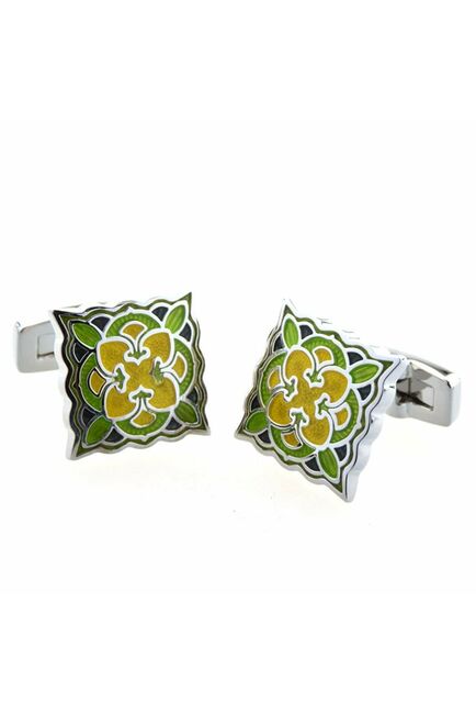 Запонки квадратные зелено - желтые с восточным узором  - 153032 от  