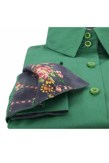 Женская рубашка под запонки зеленая отделочная ткань узор цветы - 5090 от DoubleCuff 