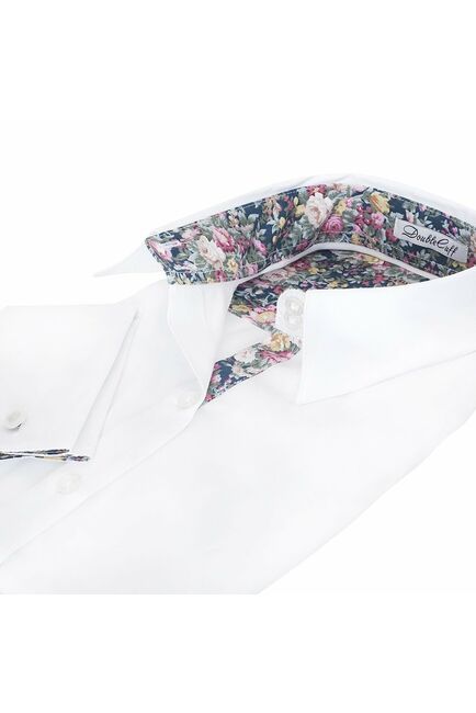 Женская рубашка под запонки белая отделочная ткань узор цветы - 5091 от DoubleCuff 