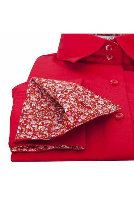 Женская рубашка под запонки красная отделочная ткань узор цветы - 5093 от  