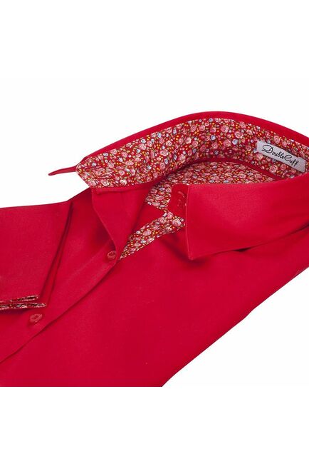 Женская рубашка под запонки красная отделочная ткань узор цветы - 5093 от  