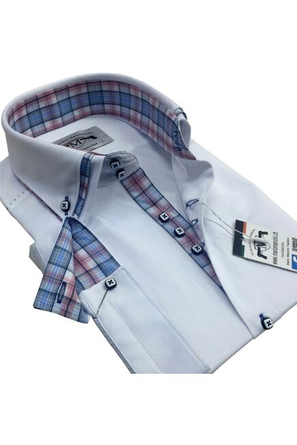 Мужская рубашка приталенная с коротким рукавом белая с тройным воротником  - 50271 от  