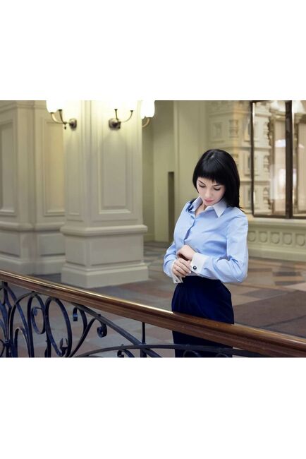 Приталенная женская рубашка под запонки в мелкую голубую клетку - 5084 от DoubleCuff 