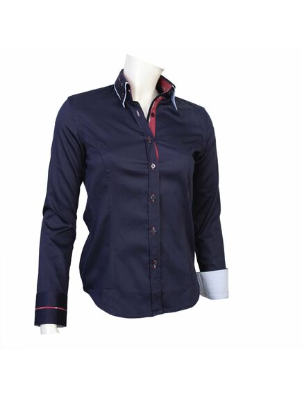 Приталенная женская рубашка на пуговицах темно-синяя с двойным воротом - 1134 от Tonelli 