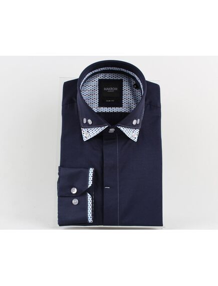 Мужская рубашка приталенная под пуговицы темно-синяя двойной воротник - 7037 от Makrom 