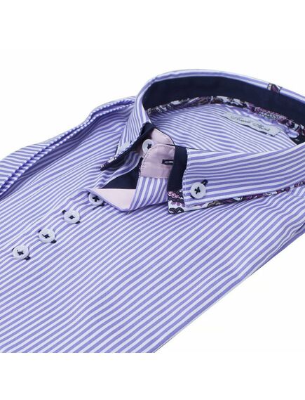 Мужская рубашка с коротким рукавом фиолетового цвета в полоску с двойным воротником - 7073 (L) от Tonelli 