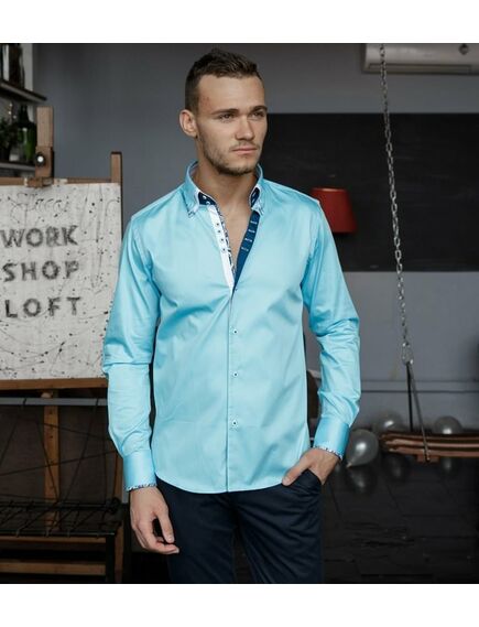 Мужская рубашка бирюзового цвета с двойным воротником - 7074 от Tonelli 