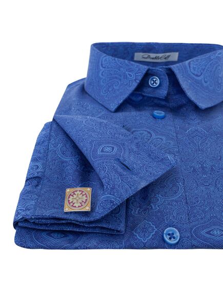 Рубашка женская синяя под запонки с красивым восточным узором - 7158 от DoubleCuff 