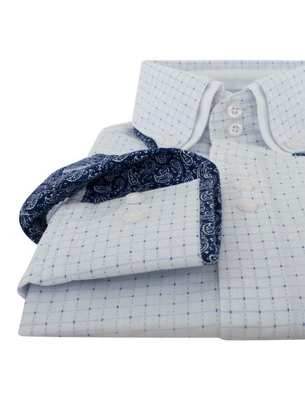 Приталенная мужская рубашка под пуговицы белая в клетку с двойным воротником - 7170 от DoubleCuff 