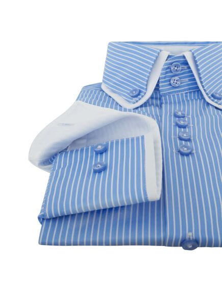 Приталенная мужская рубашка под пуговицы в голубую полоску с двойным воротником - 7172 от DoubleCuff 