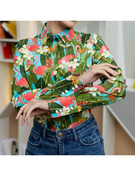 Женская рубашка с высоким манжетом под пуговицы тропические цветы - 7888 от ByME 