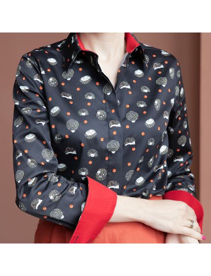 Женская рубашка под пуговицы с супатной застежкой полуприталенная с отделкой принт - 7986 от ByME 