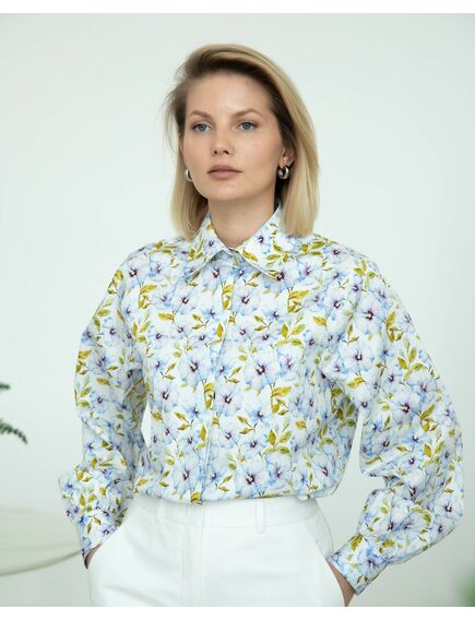Женская рубашка под пуговицу принт голубые цветы - 8271 от ByME 