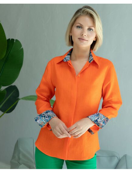 Женская льняная рубашка под пуговицы оранжевая - 8331 от byME 